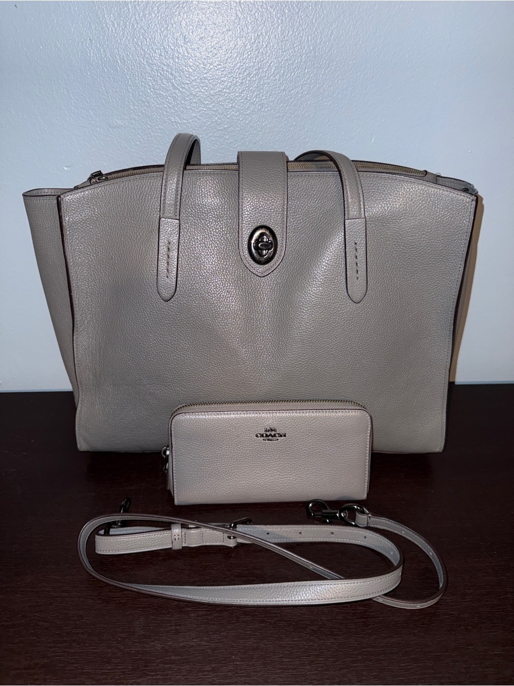 Coach Gray Pebbled Leather Laptop/Work Tote + Wallet